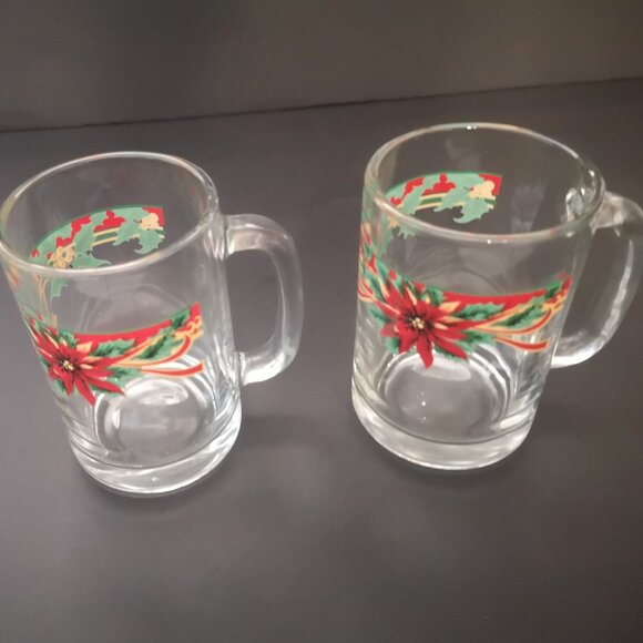 Vintage Set of 2 Christmas Clear Glass Mugs with Poinsettias & Ribbon 4 1/2" - Picture 1 of 4